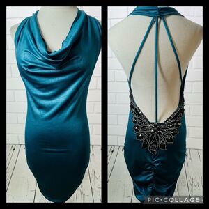 Ipona Collection Teal Beaded Backless Bodycon Dress - S